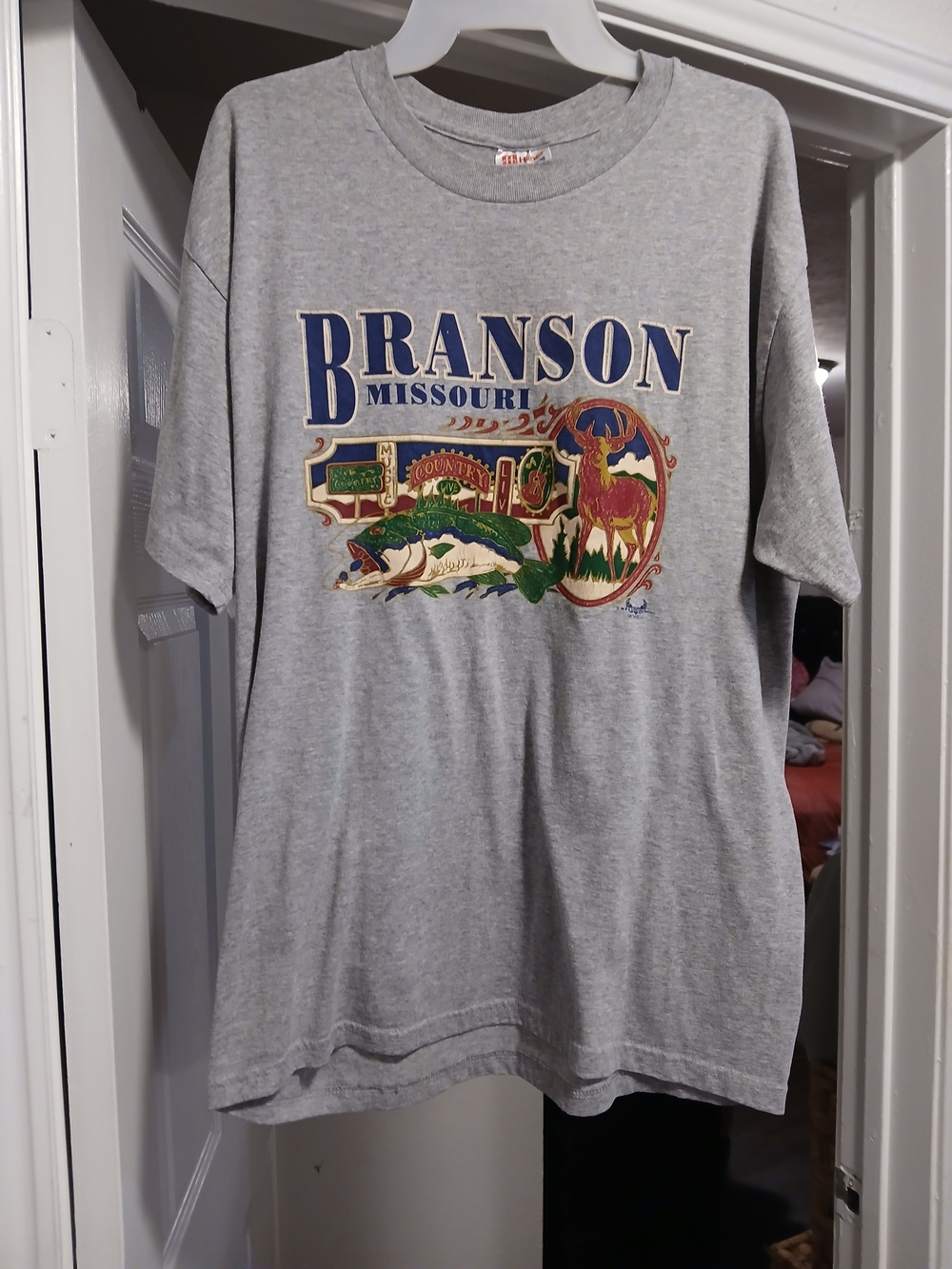 Hanes Heavyweight 50/50 Tag Crewneck Tee - Gray with Red and Blue Logo